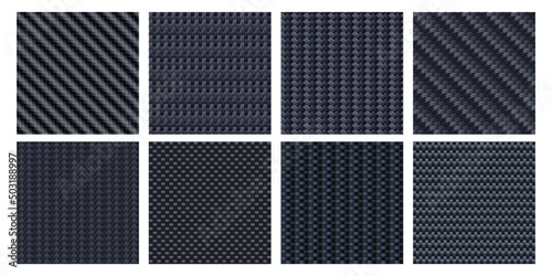 Carbon fiber texture. Interlaced fibers, carbonic woven and black aramid material seamless pattern vector set