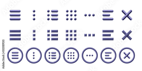 Burger menu icon. Minimal hamburger, grid and close X symbol. 3D stylised website UI icons vector set