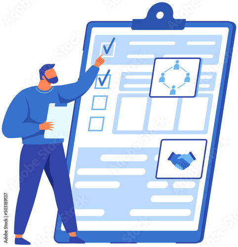 Man looking at checklist with results of social surveys, customer data. Person working with task done list and check mark ticks on paper sheet. Businessman checks correctness of document on clipboard