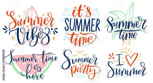 Summer time. Hand drawn lettering, summer tags and season party vector Illustration set