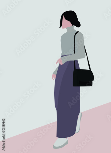 A young and attractive girl in a casual outfit. Vector flat image of a lady in a sweater, long skirt, sneakers and a handbag. Design for postcards, avatars, posters, backgrounds, templates.