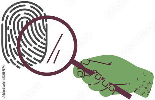 Black and white finger print with search loupe. Office stationery in human hand. Magnifying glass or lens to look at investigation evidence. Person with loupe looking at fingerprint, evidence