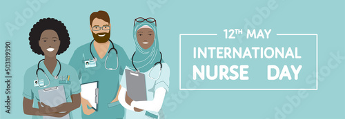 International team of nurses standing together, International Nurse Day background. Young happy smiling african and arabic women, bearded man, medical scrubs, stethoscope.  Horizontal vector banner