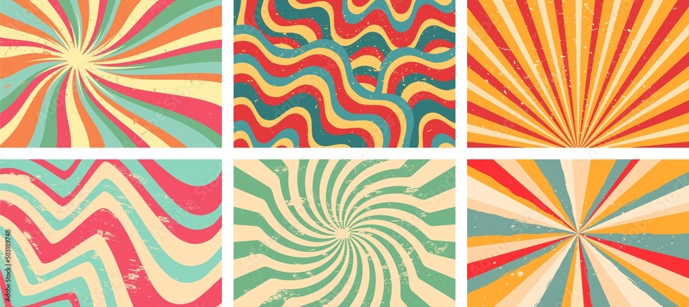 Groovy background. Starburst rays, colorful funky waves and vintage 60s hippie psychedelic wallpaper backdrop vector set