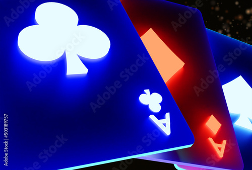 Glowing casino cards game on dark black background - 3d render. Flying cards for online casinos and mobile gambling applications, poker - winner, wealth concept.