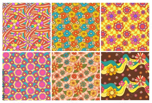 Groovy flowers background. Funky floral pattern, psychedelic 70s backdrop and hippie flower garden wallpaper vector set