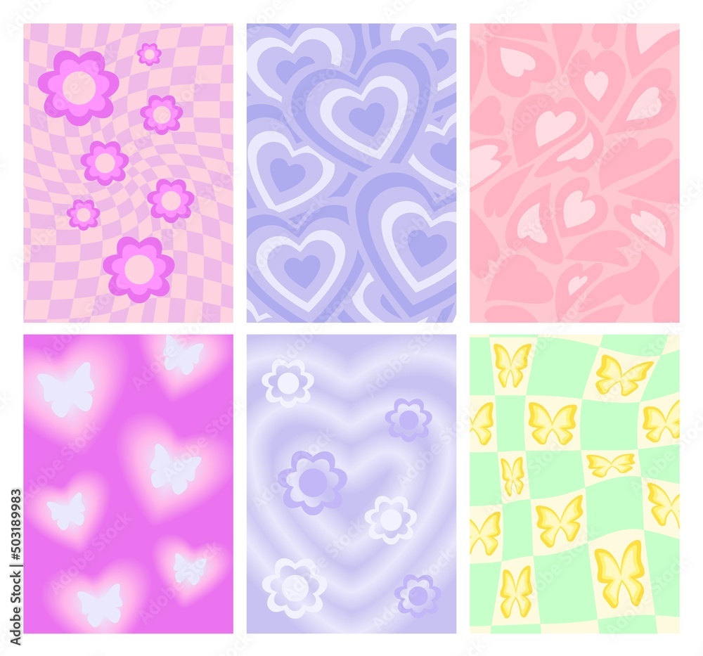 Y2k backgrounds. Groove backdrop with flowers, butterflies and hearts. Psychedelic wavy mesh grid and 90s wallpapers vector set