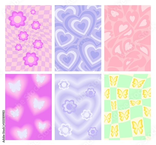 Y2k backgrounds. Groove backdrop with flowers, butterflies and hearts. Psychedelic wavy mesh grid and 90s wallpapers vector set