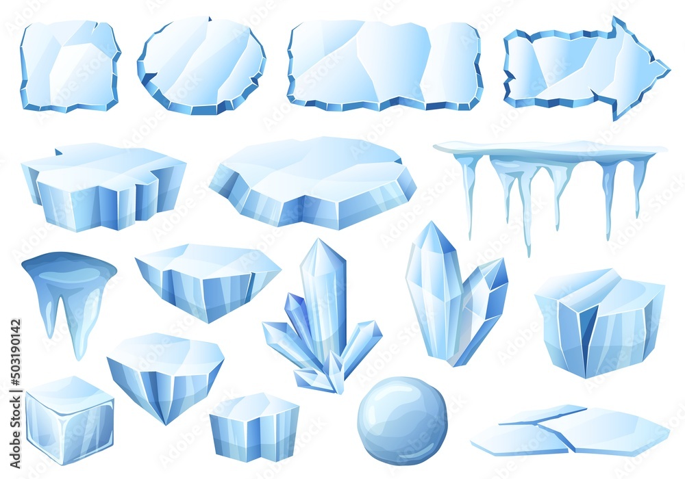 Cartoon ice. Glacier crystals, ice pieces and cold iced frames vector set - obrazy, fototapety, plakaty 