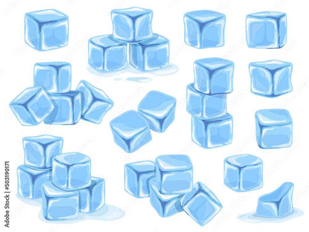 Cartoon ice cubes. Blue freezed water, iced water and melting ice cube vector set
