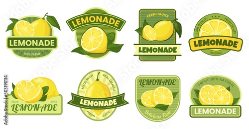 Lemonade label. Fresh and natural lemonades tag with yellow lemon fruit, citrus juice stickers vector set