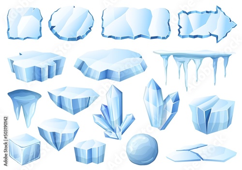 Cartoon ice. Glacier crystals, ice pieces and cold iced frames vector set