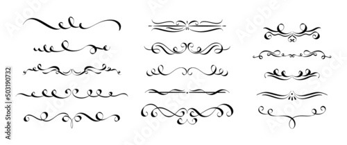 Calligraph dividers. Elegant vintage flourishes, text delimiters decoration and hand drawn ornament dividers vector set photo