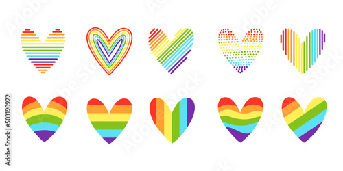 Pride hearts. LGBT heart icon, rainbow color love symbol vector set