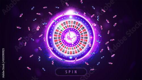 Pink shine neon Casino Roulette wheel and poker chips in hologram style, banner with button for your arts