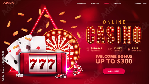Online casino, red invitation banner for website with button, smartphone with slot machine on screen, Casino Wheel Fortune, poker chips and playing cards.