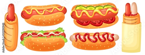 Cartoon hotdog. French hot dog, street food with sausage, sause and sesame seeds bun vector illustration set