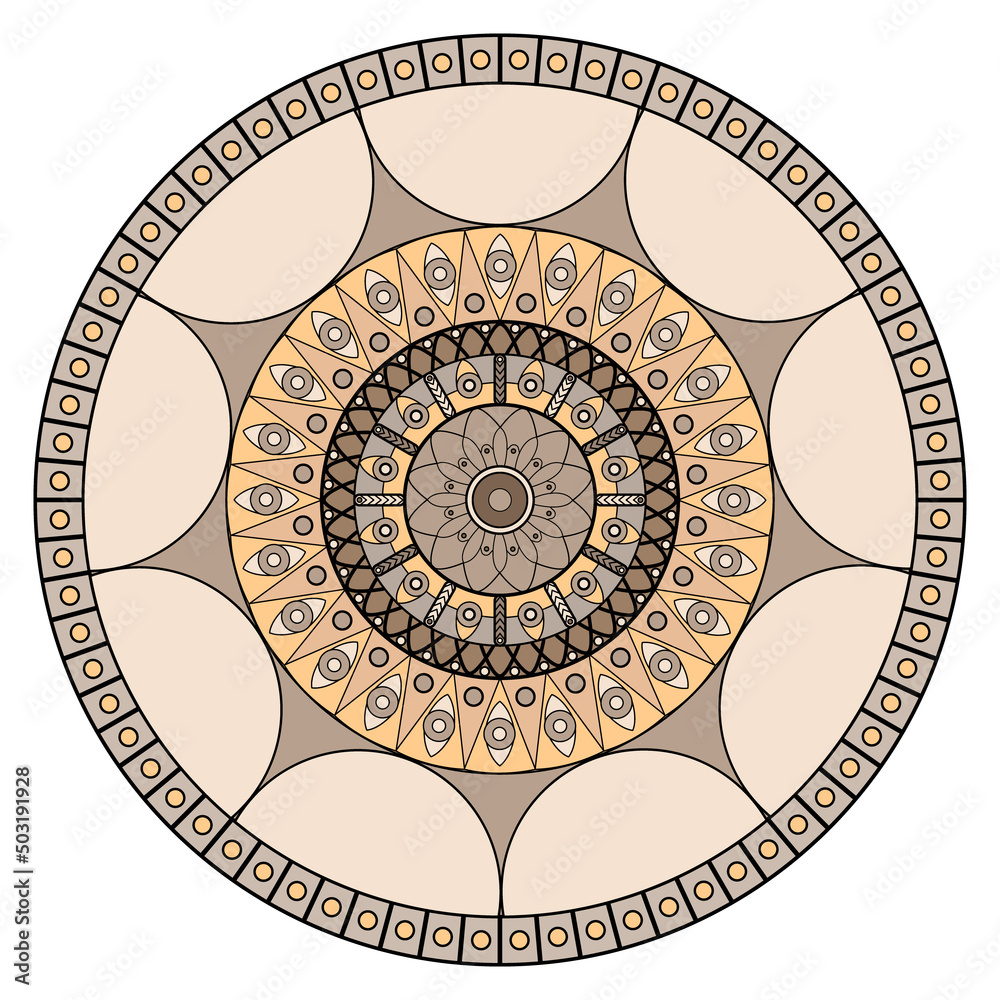 The pattern is in a circle. Simple ornament. Color ornament. Geometric shapes. Beige color