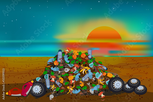 Waste pile on beach. City landfill. Environment and ocean pollution problem concept. City litter with pile of garbage and plastic trash.Urban rubbish dump. Junkyard under sunset sky on seaside. Vector