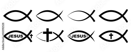 Set of Jesus fish vector icons. Christian symbol. Religious sign. Faith on jesus.