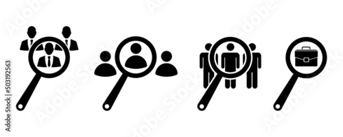 Search job vacancy set vector icons. Find best worker. Select candidate for work. Magnifying glass and people.