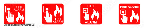Fire alarm call point vector icons set. Emergency fire alarm button. Red emergency signs.  photo
