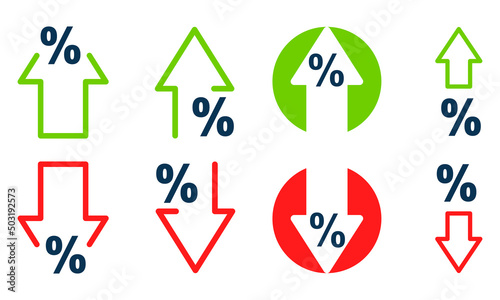 Percent arrow up and down vector icons set. Percentage arrows. Growth and decrease. Arrows with increase or reduce.