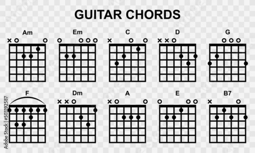 Basic guitar chords on white background. Guitar chords for beginner. Vector icons set.