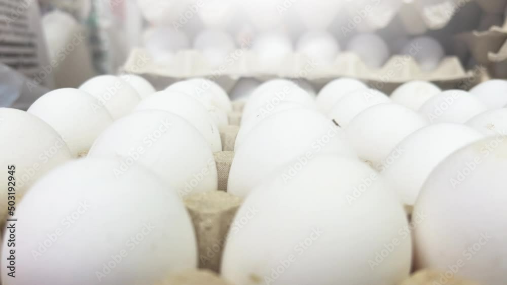 White chicken eggs in cardboard boxes. Chicken white raw eggs in an egg container. Closeup shot White chicken eggs in cardboard boxes. Chicken white raw eggs in an egg container. Closeup shot