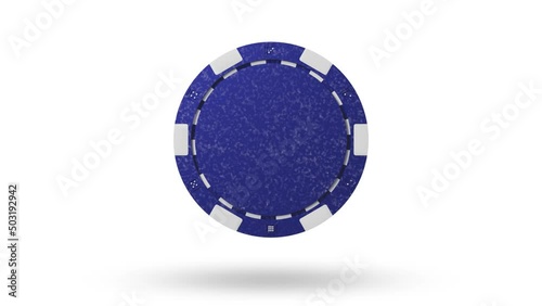 Close up. Slow motion. Isolated. Loop video. Green screen. Levitation blue poker chips, tokens on white background. Concept of casino, game design, advertising, win. Poker chip 4k stock footage