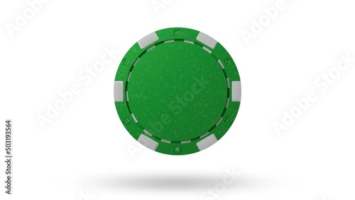 Close up. Slow motion. Isolated. Loop video. Green screen. Levitation green poker chips, tokens on white background. Concept of casino, game design, advertising, win. Poker chip 4k stock footage