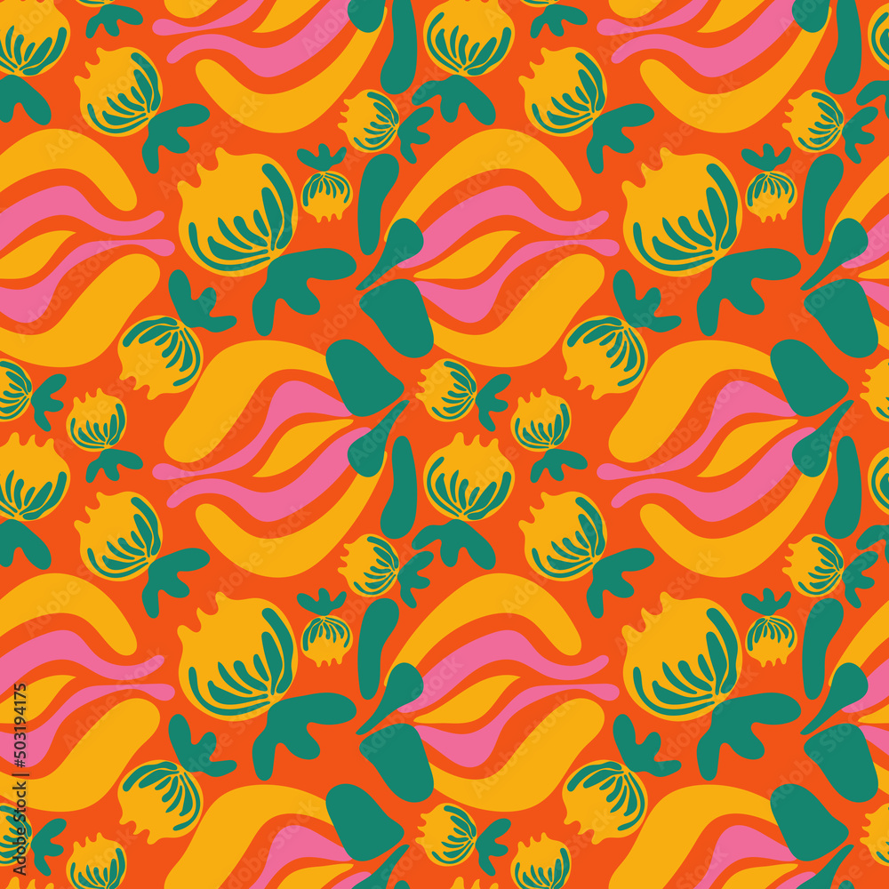 Floral seamless pattern on an orange background. Floral background for fashion, wallpaper, print. Fashionable floral vector design.