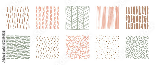 Set of square doodle textutes. Vector hand drawn abstract patterns, lines and dots. Freehand drawing for design.