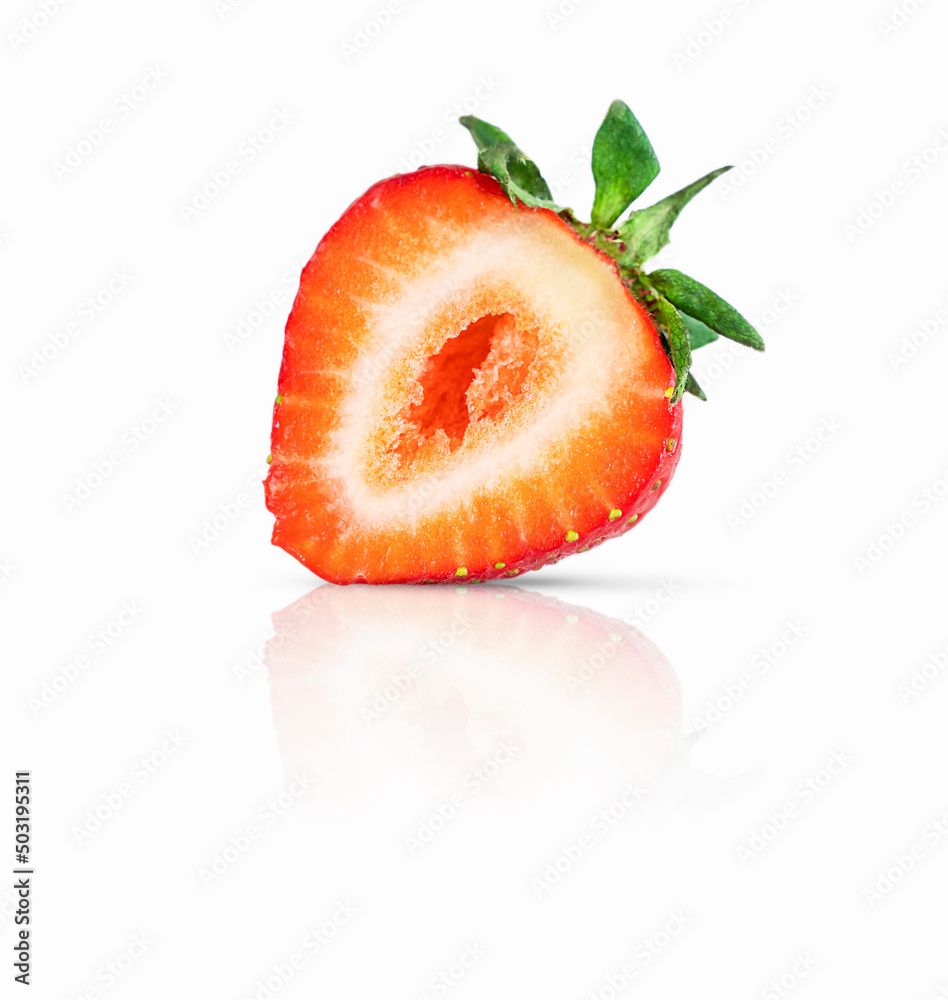 Sliced half strawberry isolated on white background. Fresh ripe strawberry close-up isolated on white background Sliced half strawberry isolated on white background. Fresh ripe strawberry close-up isolated on white background