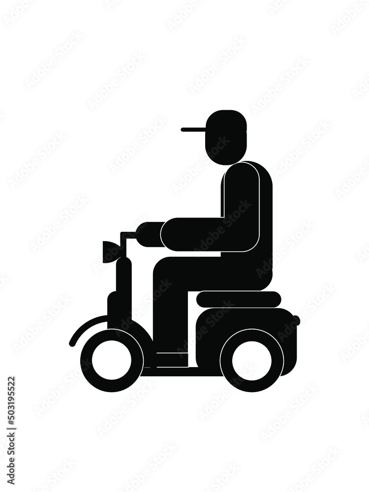Black and white sign. A man on a motor scooter.Vector graphics.