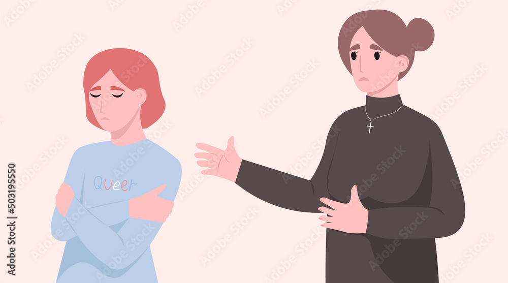 A religious mother does not understand her teenage child. A parent who believes in God cannot accept that his child is a non-binary transgender person who wants to change gender A religious mother does not understand her teenage child. A parent who believes in God cannot accept that his child is a non-binary transgender person who wants to change gender