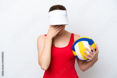 Young caucasian woman playing volleyball isolated on white background with tired and sick expression