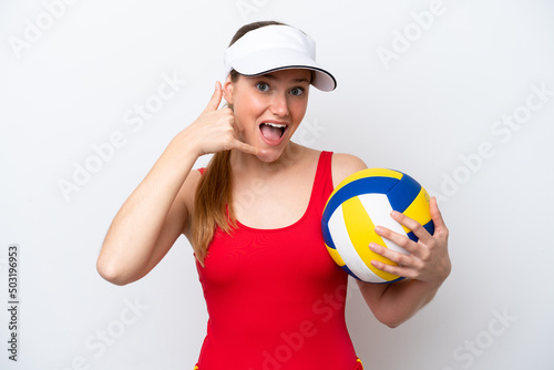 Young caucasian woman playing volleyball isolated on white background making phone gesture. Call me back sign