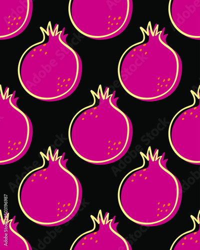 Creative pomegranates with spots and dots. Fruity seamless pattern with scattered outline fruits.