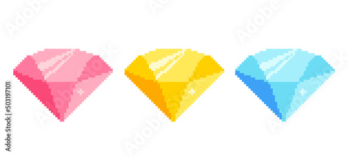 Vector icons of colorful gems in pixel art style.