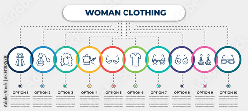 vector infographic template with icons and 10 options or steps. infographic for woman clothing concept. included vintage dress, parfume, human black hair, clo, cat eyes glasses, clothes, childish
