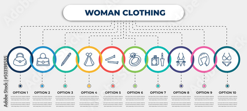 vector infographic template with icons and 10 options or steps. infographic for woman clothing concept. included hobo shoulder bag, handbag elegant, eyes makeup pencils, female dress, hair clip