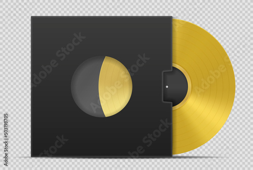 Realistic gold vynyl. Bright metal disc in cover, best songs of musical group. Award to winner in competition, memory. Album or playlist and collection of songs. Isometric vector illustration
