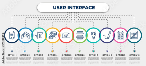 vector infographic template with icons and 10 options or steps. infographic for user interface concept. included uploading file, dollars in a mail, square root, person explaining data, switch