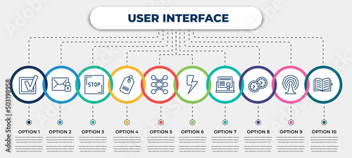 vector infographic template with icons and 10 options or steps. infographic for user interface concept. included check box, unlock envelope, square stop button, shopping label, lace, lightning
