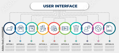 vector infographic template with icons and 10 options or steps. infographic for user interface concept. included uploading from drive, envelope with message, daily calendar day 14, power bank, tings