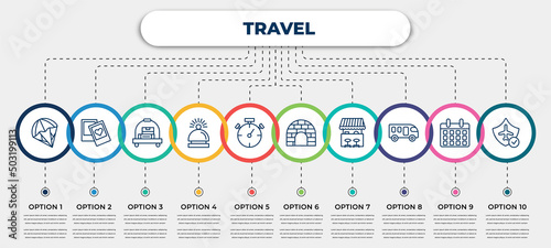 vector infographic template with icons and 10 options or steps. infographic for travel concept. included parasailing, , bellhop, hotel bell, stopclock, igloo, food stand, motorhome, travel