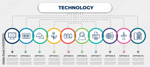 vector infographic template with icons and 10 options or steps. infographic for technology concept. included big tv, caste tape, asking, ecologic electricity, battery levels, telemarketing, paper