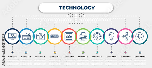vector infographic template with icons and 10 options or steps. infographic for technology concept. included heart in a screen, radio journalism, digital photo camera, tee power, electrocardiogram