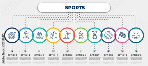 vector infographic template with icons and 10 options or steps. infographic for sports concept. included bullseye, dancing motion, waterpolo, man punching, biathlon, boy with skatingboard, golden